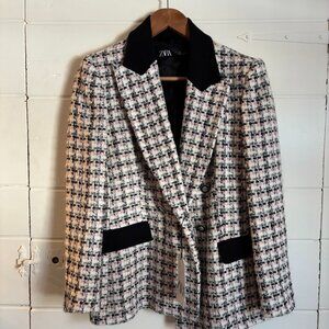 Zara Chanel-Style Tweed Houndstooth Double Breasted Blazer Black Velvet Trim
